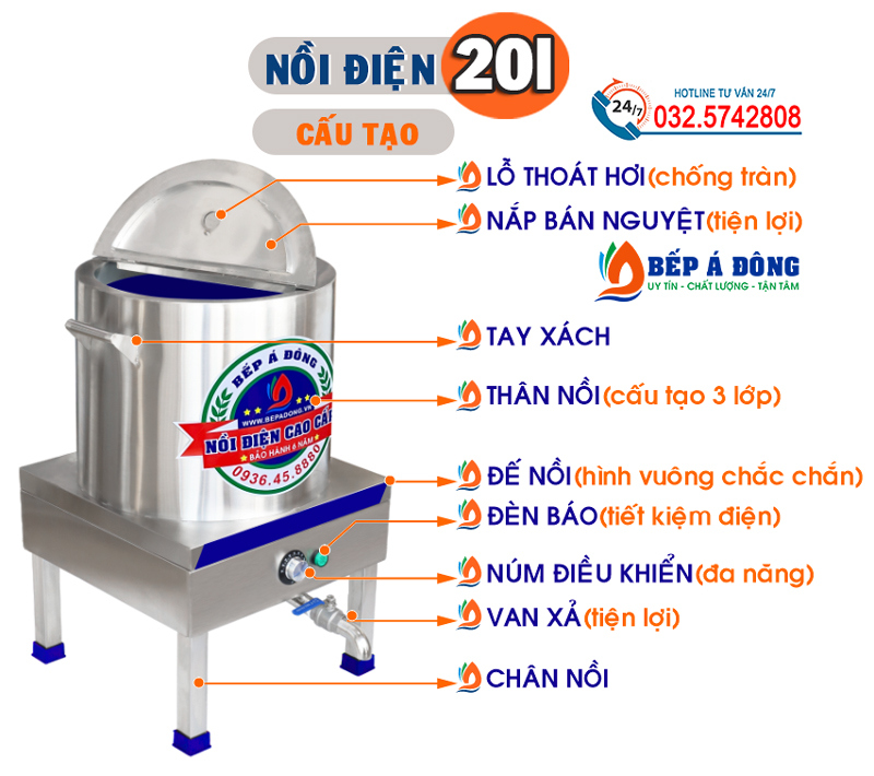 cấu tạo nồi điện cao cấp nấu phở 20l