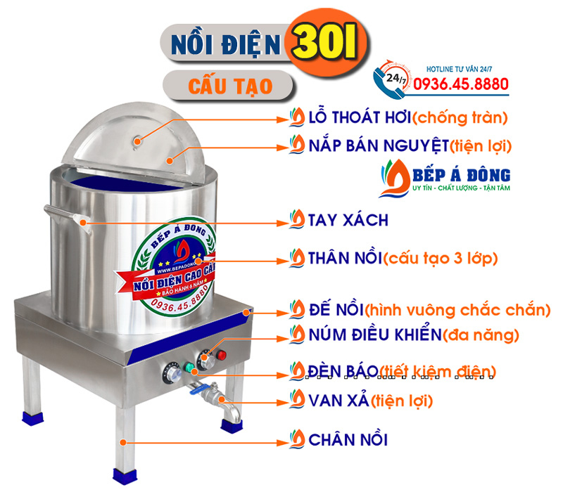 cấu tạo nồi điện cao cấp nấu phở 30l